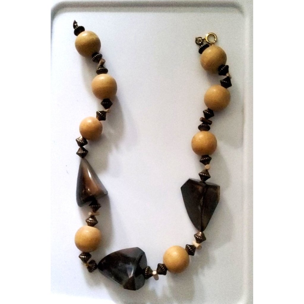 Vintage Chunky Beaded Necklace With Wood & Horn Beads Handmade Design Unique Sta